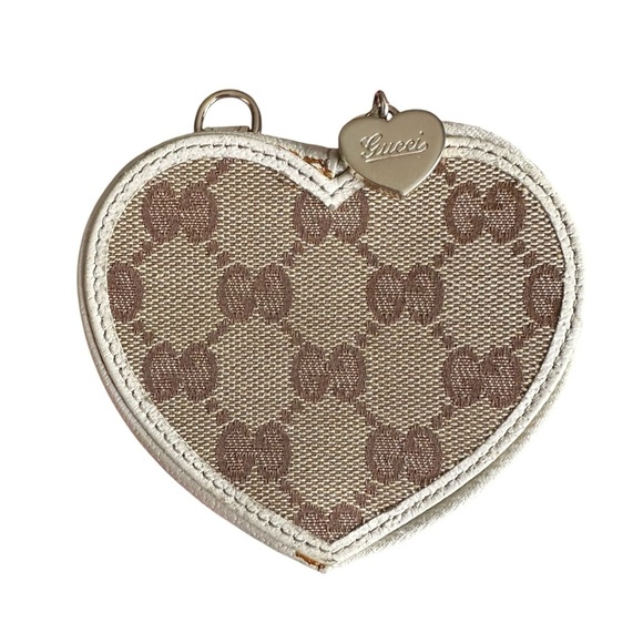 GUCCI Tan GG Monogram Canvas & White Brown Leather Heart Coin Pouch Case - Picture 2 of 12